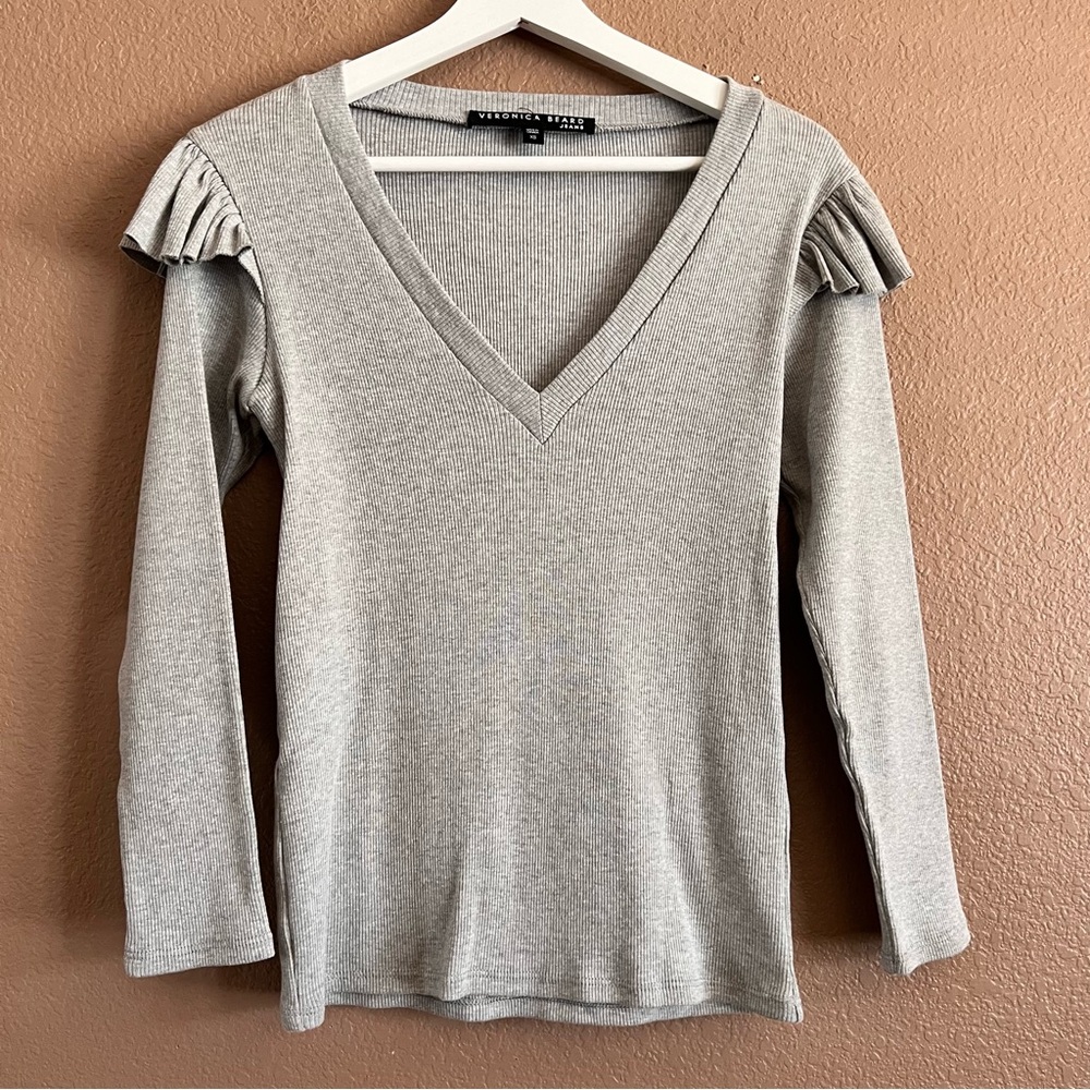 Veronica Beard Ribbed V-Neck Ruffle Sleeve Embellishment Top Size XS
